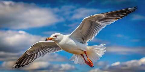 Fototapeta premium Seagull soaring gracefully in mid-air, seagull, flight, bird, wings, sky, freedom, wildlife, nature, feathers, animals, avian