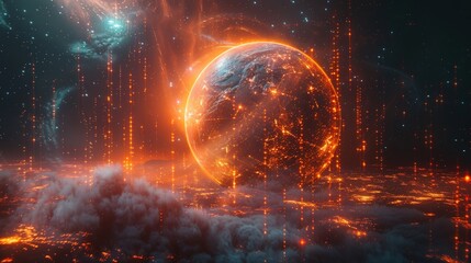 Obraz premium A glowing digital Earth with orange and red lights, surrounded by clouds of data streams.