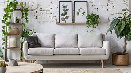 Very beautiful interior of living room with sofa, houseplant, table and ladder shelf