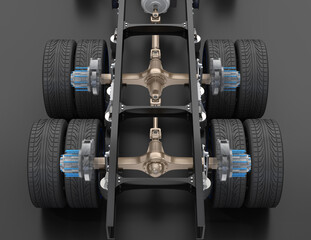 Rear view of Semi truck ladder frame, drive shaft and axle system  with tires in transparent mode.  3D rendering image.