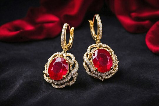 Ruby Earrings on Black Velvet: A pair of ruby earrings placed on a smooth, black velvet fabric.