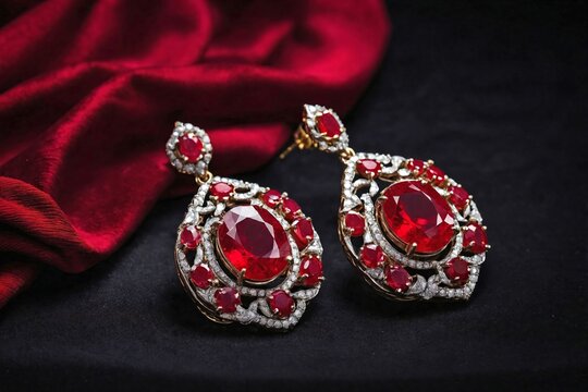 Ruby Earrings on Black Velvet: A pair of ruby earrings placed on a smooth, black velvet fabric.