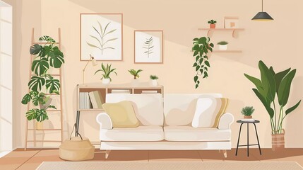 Very beautiful interior of living room with sofa, houseplant, table and ladder shelf