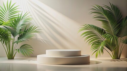 Fototapeta premium Minimal podium with tropical leaves and soft summer lighting , render, podium, tropical leaves, summer lighting, minimal