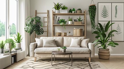 Very beautiful interior of living room with sofa, houseplant, table and ladder shelf