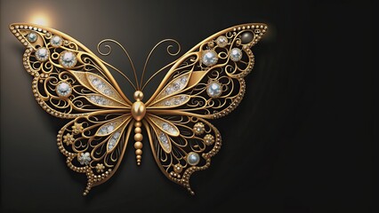 Fototapeta premium Elegant gold butterfly with diamond embellishments on black background, luxurious, elegant, gold, butterfly, diamonds