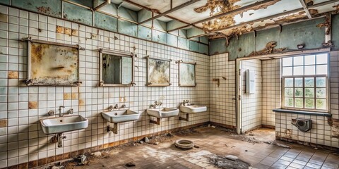 Dilapidated modern washroom with cracked tiles, rusty fixtures, and peeling paint, abandoned, neglected, run-down, grungy, dirty