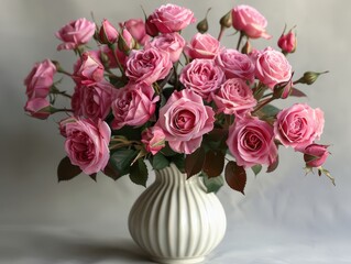 Fototapeta premium Delicate Elegance - Pink Roses in Vintage Vase on White Background with Copy Space for Text