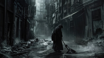 Mysterious Figure Sweeping a Dark, Abandoned Alleyway in a Post-Apocalyptic Urban Setting