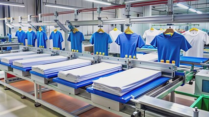 Factory machine printing t-shirts , manufacturing, technology, apparel, production, clothing, industry