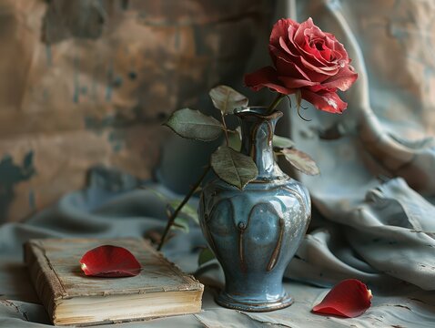 Tranquil Still Life with Red Rose, Ceramic Vase, and Open Book for Text Space