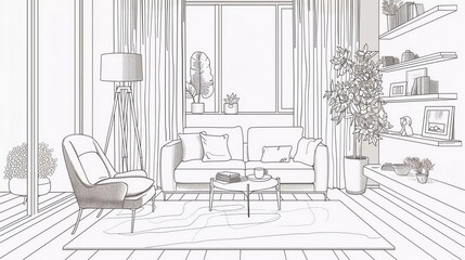 Very beautiful line art living room vector illustration