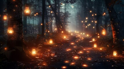 Fototapeta premium Enchanted Forest Path Illuminated by Lanterns