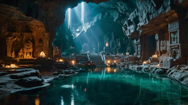 A vast underground cavern with glowing crystals, underground lakes, and ancient dwarven architecture