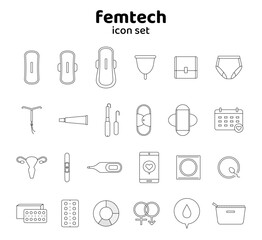 生理　アイコン　セット　妊娠　避妊　PMS　フェムテック　イラスト　線　サニタリー　月経　健康　白黒