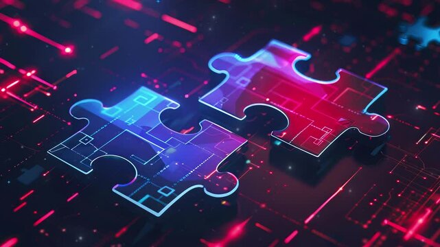 Digital representation of API integration concept with two interlocking puzzle pieces against a futuristic tech-inspired abstract background, symbolizing connectivity and interoperability.