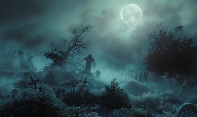 Obraz premium Eerie Graveyard under a Full Moon