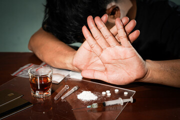 Stop drugs concept. A man makes a stop drug gesture, Human hand stops drugs, Against Drug Abuse