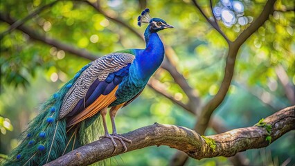 Fototapeta premium Detailed image of a blue peacock perched on a tree branch , Blue, Peacock, Tree, Branch, Beautiful, Graceful