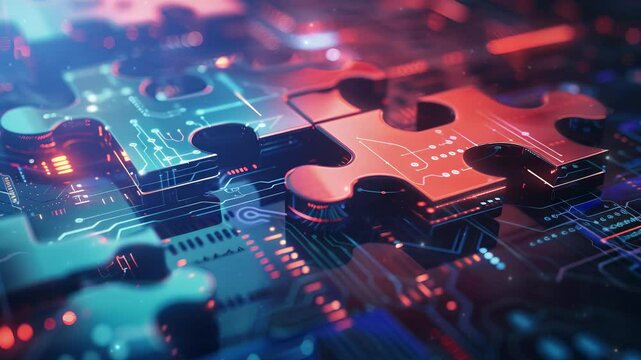 Digital representation of API integration concept with two interlocking puzzle pieces against a futuristic tech-inspired abstract background, symbolizing connectivity and interoperability.