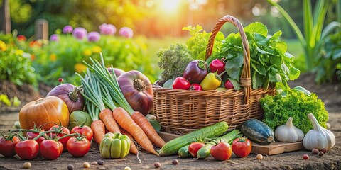 Neatly arranged crop harvest of fresh vegetables in organic garden, vegetables, harvest, organic, garden, fresh, produce