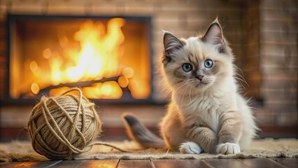 Playful ragdoll kitten playing with yarn ball in cozy living room, fireplace background, ragdoll kitten, playful, yarn ball