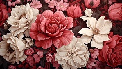 Botanical floral vector seamless pattern with roses herbs and leaves flowers and big set backgrounds