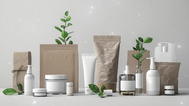 Highresolution product packaging mockups for a natural cosmetics line, featuring ecofriendly materials and minimalist design, perfect for branding presentations.