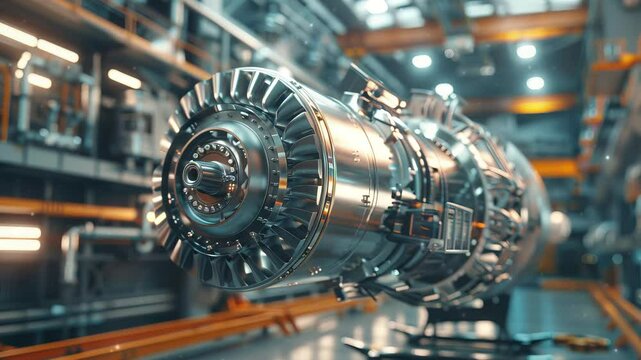 Futuristic rotor plane engine in factory.
