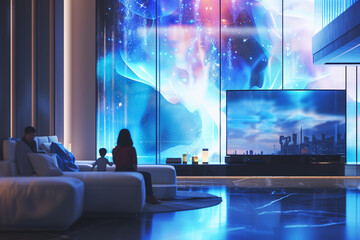 Family sitting in living room futuristic holographic home entertainment system with speakers and large screen. Interior artificial intelligence concept. 
