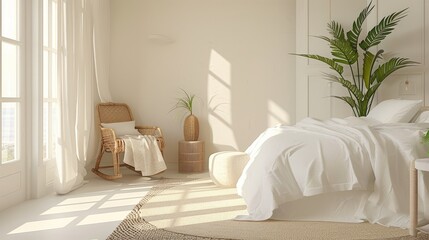 Bright bedroom with white stool and chair