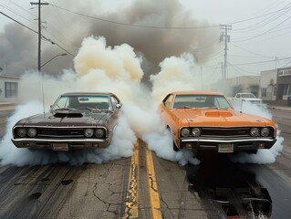 Intense Drag Race Start with Smoking Tires and Fast Cars Competition.