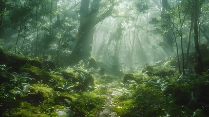 Obraz premium Enchanting Misty Forest with Towering Trees and Vibrant Undergrowth