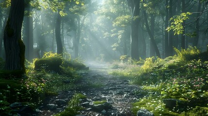 Fototapeta premium Enchanting Mystical Forest Shrouded in Mist with Towering Trees and Vibrant Undergrowth