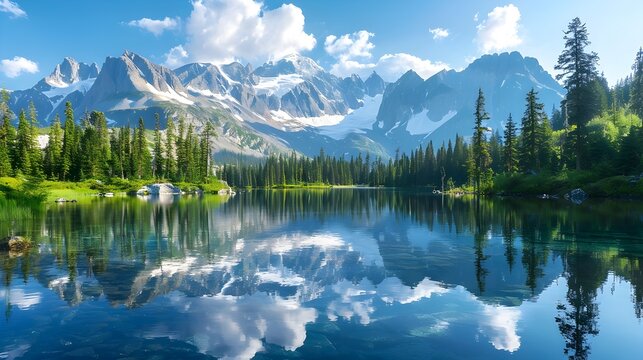 Majestic snow-capped mountains reflected in a serene alpine lake,nestled in a pristine wilderness landscape