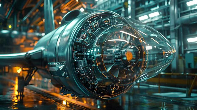 Futuristic rotor plane engine in factory.
