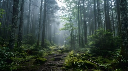 Obraz premium Enchanting Misty Forest Landscape with Towering Trees and Moss-Covered Rocks