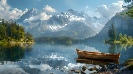 Obraz premium Tranquil Alpine Lake Surrounded by Snow-Capped Peaks with Wooden Fishing Boat