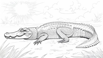 Obraz premium kids coloring book pageCrocodile basking in the sunheavy line art, clean line art, simple, only line