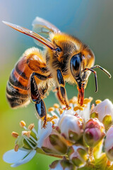 Fototapeta premium Macro Shot of Honeybee Pollinating White Flower