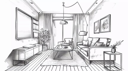Very beautiful living room graphic black white home interior sketch illustration vector