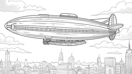 Fototapeta premium kids coloring book pageZeppelin flying over the savannahheavy line art, clean line art, simple, only line
