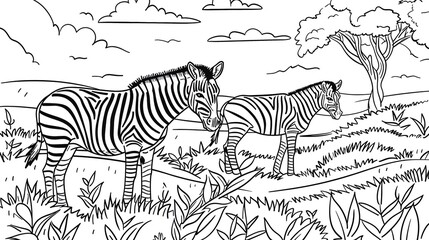kids coloring book pageZebras grazing on grasslandsheavy line art, clean line art, simple, only line
