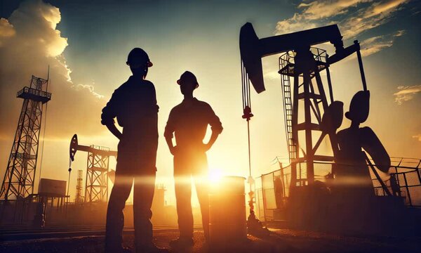 Silhouettes of two oil rig workers standing in front of oil derricks at sunset. industrial landscape and hard-working environment