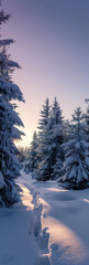 Fototapeta premium Winter Wonderland: Snow-Covered Pathway through Pine Forest at Dusk