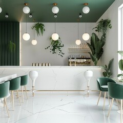 Minimalist white and green cafe with an elegant bar counter