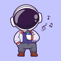 Cute Astronaut Singing with Microphone Cartoon Vector Icon Illustration