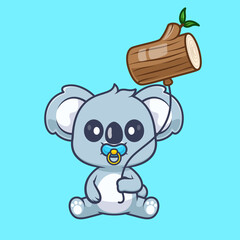Cute Baby Koala Holding Branch with Wood Balloon Cartoon Vector Icon Illustration