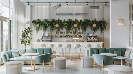 Modern white and green cafe with a chic bar counter setup