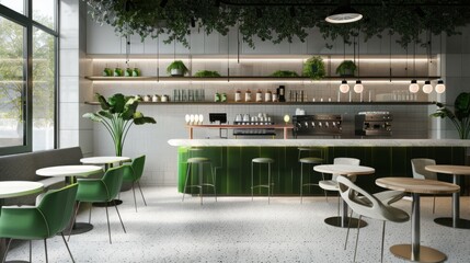 Modern white and green cafe with a chic bar counter setup